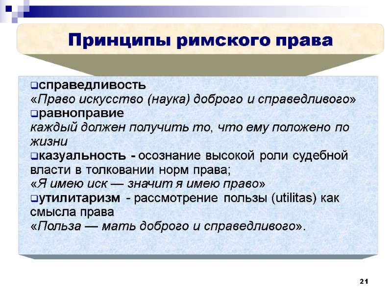 21 Принципы римского права справедливость  «Право искусство (наука) доброго и справедливого» равноправие 